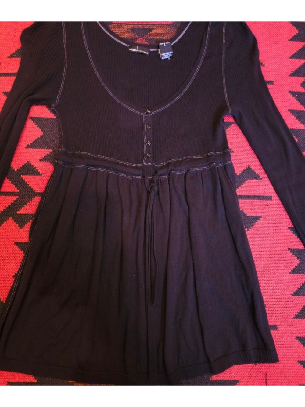 VINTAGE Black Long Sleeve Ribbed Tunic Top With Button Detail & Tie Waist Large